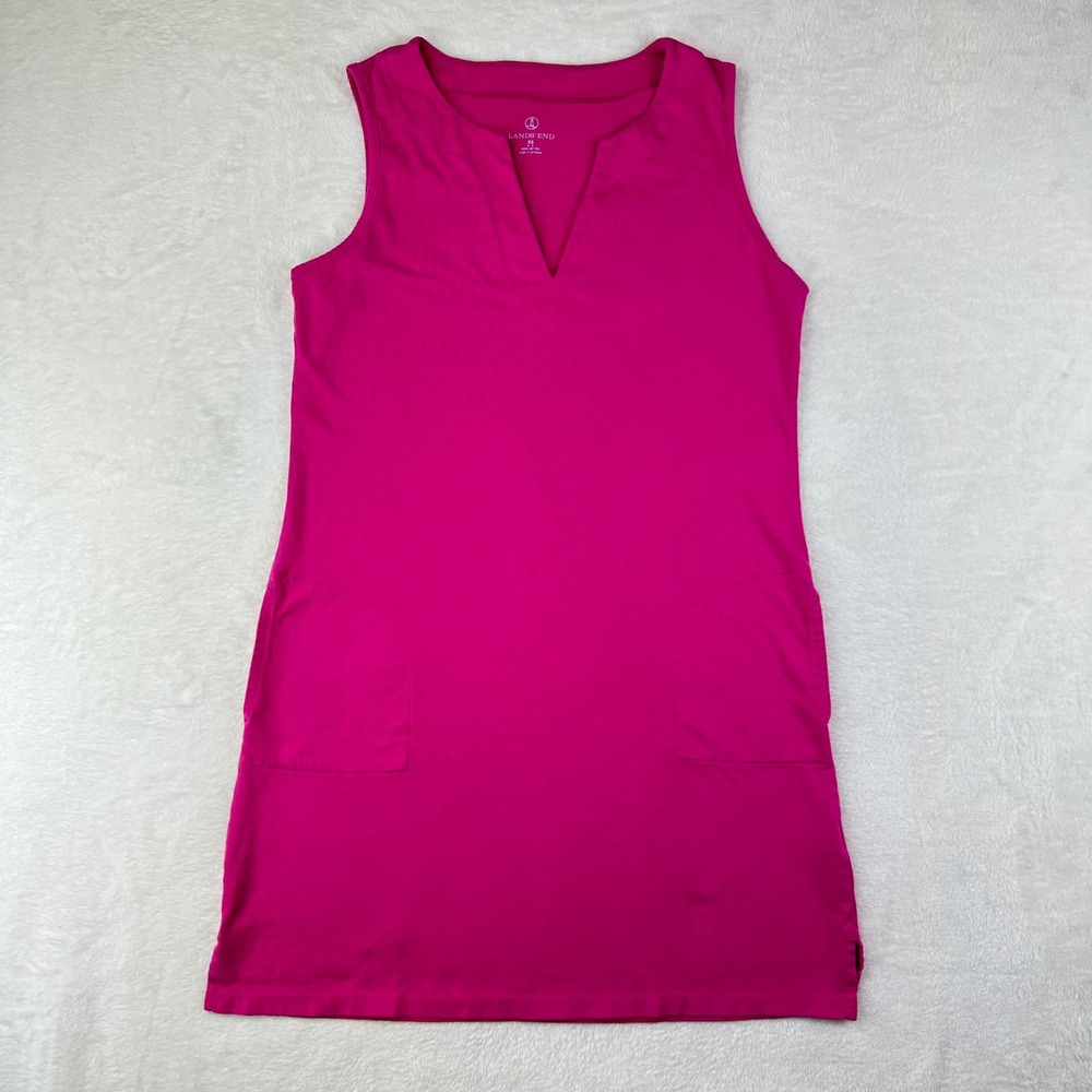 Lands End Beach Cover-up Womens XS Pink Cotton Knit Sleeveless Pocket Mini Dress